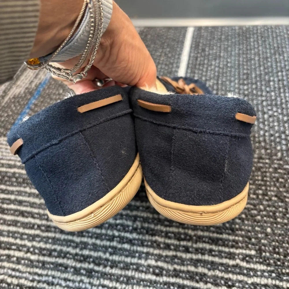 J Crew Men's 10 Navy Suede Slippers faux Fur Lined